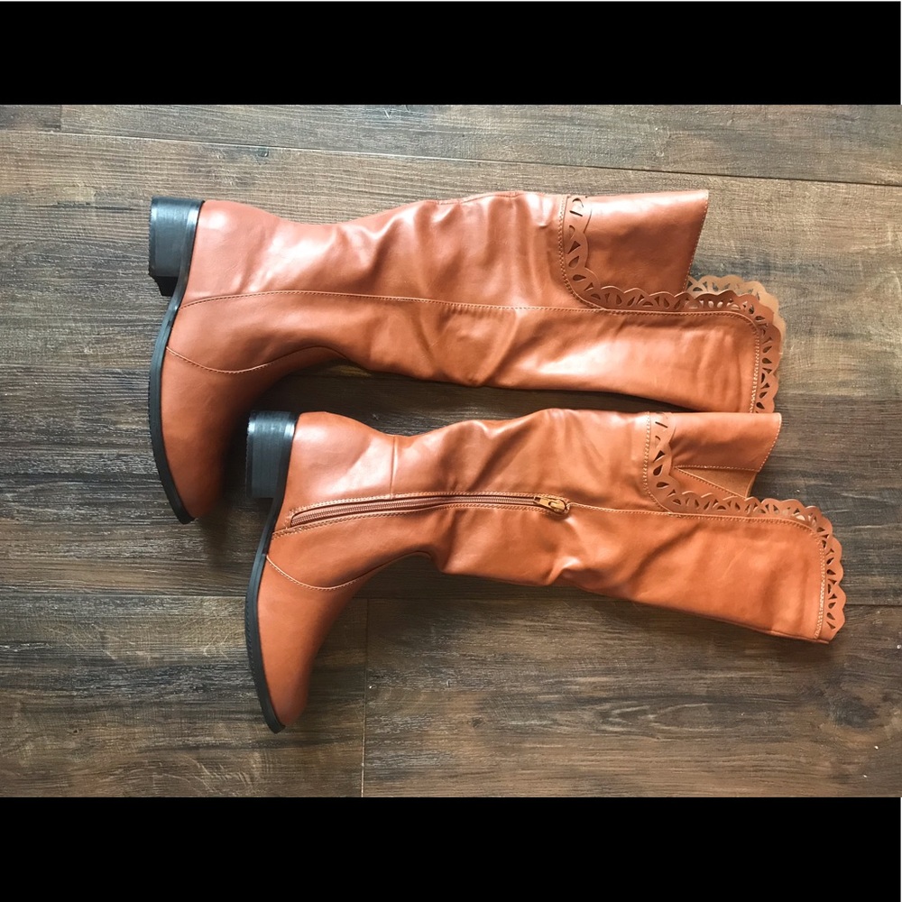 Brown over the knee scallop detail boots